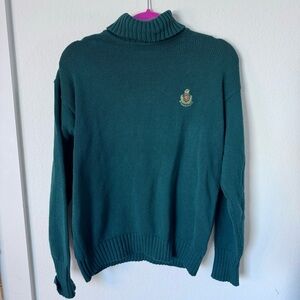 VTG Charter Club Women Green Cotton Turtleneck Cable Sweater M Fisherman Core